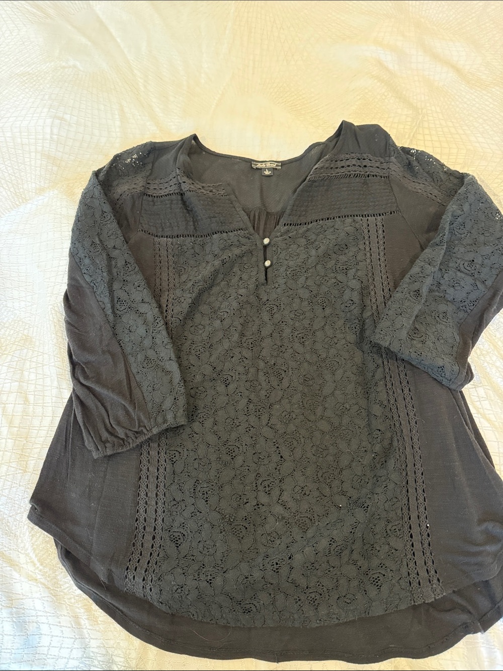 Lucky Brand Black Lace-Front Button Blouse